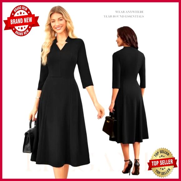 Midi Business Dress 3/4 Sleeve Fit Flare Work Dress with Pocket Classy Elegant - Picture 4 of 7